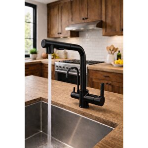 Si̇yah Aritmali Spi̇ralli̇ 2 Modlu Başlik L Boru Mutfak Evye Bataryasi Pri̇nç Armatür Musluk