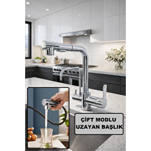 Krom Aritmali Spi̇ralli̇ 2 Modlu Başlik L Boru Mutfak Evye Bataryasi  Gümüş Pri̇nç Armatür Musluk