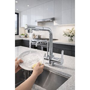 Krom Aritmali Spi̇ralli̇ 2 Modlu Başlik L Boru Mutfak Evye Bataryasi  Gümüş Pri̇nç Armatür Musluk