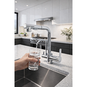 Krom Aritmali Spi̇ralli̇ 2 Modlu Başlik L Boru Mutfak Evye Bataryasi  Gümüş Pri̇nç Armatür Musluk