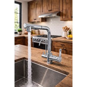 Krom Aritmali Spi̇ralli̇ 2 Modlu Başlik L Boru Mutfak Evye Bataryasi  Gümüş Pri̇nç Armatür Musluk