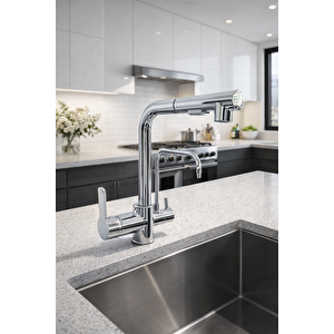 Krom Aritmali Spi̇ralli̇ 2 Modlu Başlik L Boru Mutfak Evye Bataryasi  Gümüş Pri̇nç Armatür Musluk