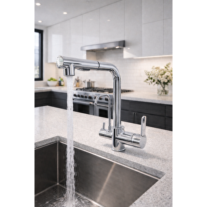 Krom Aritmali Spi̇ralli̇ 2 Modlu Başlik L Boru Mutfak Evye Bataryasi  Gümüş Pri̇nç Armatür Musluk