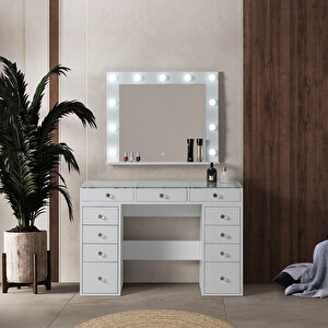 Dokunmatik Led Aynalı Camlı 11 Çekmeceli Takı Bölmeli Kulis Makyaj Masası Beyaz Beyaz