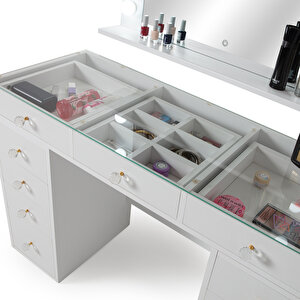 Dokunmatik Led Aynalı Camlı 11 Çekmeceli Takı Bölmeli Kulis Makyaj Masası Beyaz Beyaz