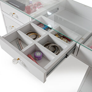 Eymense Dokunmatik Led Aynalı Camlı 11 Çekmeceli Takı Bölmeli Kulis Makyaj Masası Beyaz