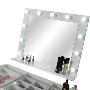 Eymense Dokunmatik Led Aynalı Camlı 11 Çekmeceli Takı Bölmeli Kulis Makyaj Masası Beyaz