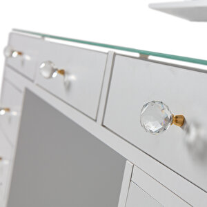 Eymense Dokunmatik Led Aynalı Camlı 11 Çekmeceli Takı Bölmeli Kulis Makyaj Masası Beyaz