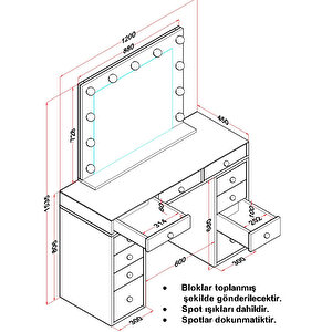 Eymense Dokunmatik Led Aynalı Camlı 11 Çekmeceli Takı Bölmeli Kulis Makyaj Masası Beyaz