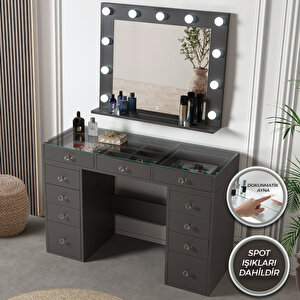 Dokunmatik Led Aynalı Camlı 11 Çekmeceli Takı Bölmeli Kulis Makyaj Masası Antrasit Antrasit