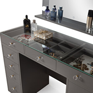 Dokunmatik Led Aynalı Camlı 11 Çekmeceli Takı Bölmeli Kulis Makyaj Masası Antrasit Antrasit