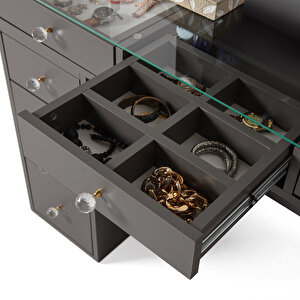 Eymense Dokunmatik Led Aynalı Camlı 11 Çekmeceli Takı Bölmeli Kulis Makyaj Masası Antrasit