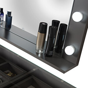 Eymense Dokunmatik Led Aynalı Camlı 11 Çekmeceli Takı Bölmeli Kulis Makyaj Masası Antrasit