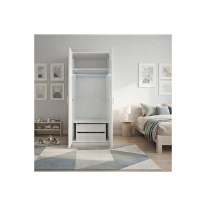 Focus 2 Kapak 2 Çekmeceli̇ Led Askili Dolap, Suyeşi̇li̇ Açık Beyaz