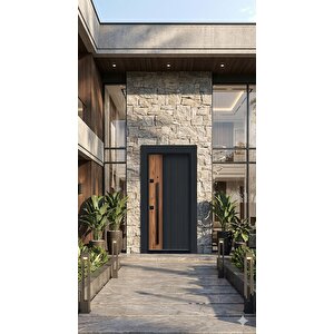 Modern Lüks Kompozit Villa Çelik Kapı - Antrasit Ve Ahşap Tasarım - 110x210 Cm (pervazdan Pervaza)