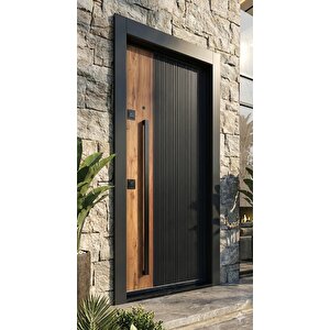 Modern Lüks Kompozit Villa Çelik Kapı - Antrasit Ve Ahşap Tasarım - 110x210 Cm (pervazdan Pervaza)