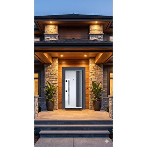 Modern Lüks Villa Tipi Çelik Kapı - Beyaz/antrasit Dekorlu (110x210 Cm Pervazdan Pervaza) - Paslanmaz Krom Kollu