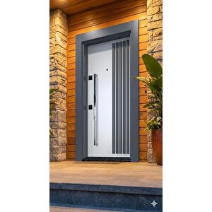 Modern Lüks Villa Tipi Çelik Kapı - Beyaz/antrasit Dekorlu (110x210 Cm Pervazdan Pervaza) - Paslanmaz Krom Kollu