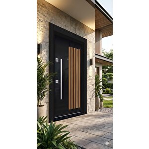 Modern Siyah High-gloss Yüzeyli Dikey Ahşap Çıtalı Lüks Çelik Villa Kapısı (110x210 Cm)