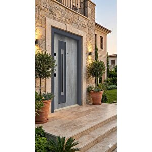 Prestij Serisi Modern Gri Ahşap Dokulu Lüks Çelik Kapı (210x110 Cm) - Özel Dikey Tasarım