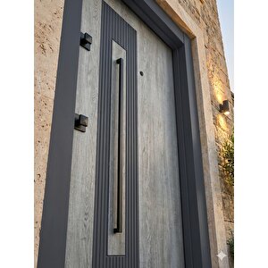 Prestij Serisi Modern Gri Ahşap Dokulu Lüks Çelik Kapı (210x110 Cm) - Özel Dikey Tasarım