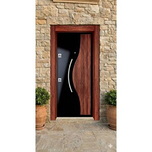 Modern Dalga Tasarımlı Siyah & Ceviz Lüks Villa Çelik Kapısı (110x210 Cm)