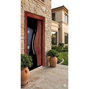 Modern Dalga Tasarımlı Siyah & Ceviz Lüks Villa Çelik Kapısı (110x210 Cm)