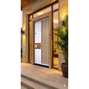 Prestij Villa Serisi: 110x210 Cm Modern Beyaz - Dikey Ahşap Tasarımlı Lüks Çelik Kapı