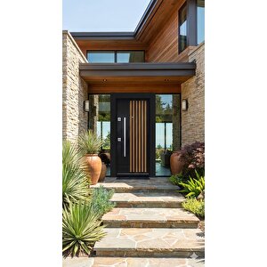 Modern Tasarım Siyah Zemin Ahşap Dikey Çıtalı Lüks Çelik Kapı (110x210 Cm - Pervazdan Pervaza)