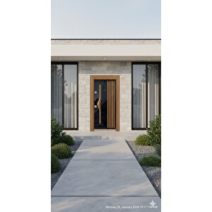 Modern Villa Serisi - Antrasit Cam Ve Meşe Detaylı Çelik Dış Cephe Kapısı