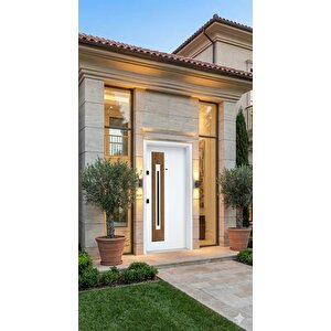 Modern Lüks Villa Çelik Kapı - Beyaz Gövde Dikey Ahşap Ve Siyah Panel Detaylı (pervazdan Pervaza 110x210 Cm)