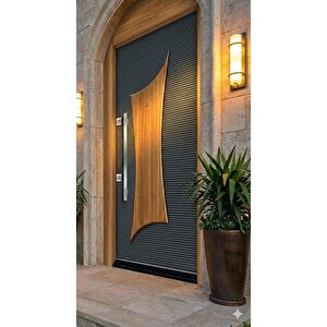 Lüks Modern Tasarım Villa Tipi Çelik Kapı - Antrasit Ve Ahşap Dalga Detaylı (dış Mekan Uyumlu)