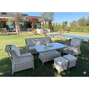 Premium Rattan Bahçe Mobilyası Seti – 6 Parça Konfor Serisi (3’lü Koltuk + 2 Tekli Koltuk + 2 Puf 90x160 Masa