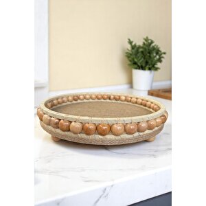 Hasır El Yapımı Ahşap Vernikli Boncuklu Dekoratif Tepsi 28 cm 60x280 mm