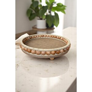 Hasır El Yapımı Ahşap Vernikli Boncuklu Dekoratif Tepsi 28 cm 60x280 mm