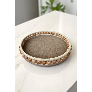 Hasır El Yapımı Ahşap Vernikli Boncuklu Dekoratif Tepsi 28 cm 60x280 mm