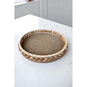 Hasır El Yapımı Ahşap Vernikli Boncuklu Dekoratif Tepsi 28 cm