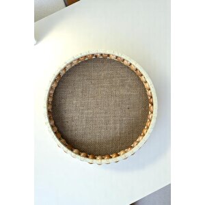 Hasır El Yapımı Ahşap Vernikli Boncuklu Dekoratif Tepsi 28 cm