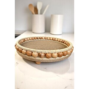 Hasır El Yapımı Ahşap Vernikli Boncuklu Dekoratif Tepsi 20 Cm 20