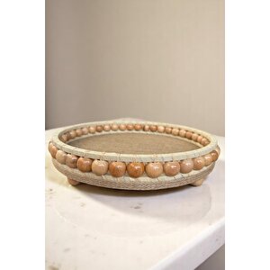 Hasır El Yapımı Ahşap Vernikli Boncuklu Dekoratif Tepsi 20 Cm