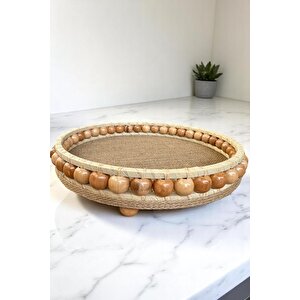 Hasır El Yapımı Ahşap Vernikli Boncuklu Dekoratif Tepsi 20 Cm