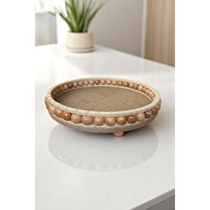 Ahşap Vernikli Boncuklu El Yapımı Dekoratif Tepsi 26 cm