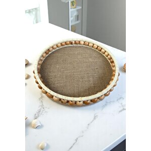 Ahşap Vernikli Boncuklu El Yapımı Dekoratif Tepsi 26 cm