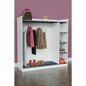 4 Rafli Mini Gardırop Askılıklı Vestiyer Çok Amaçlı Kapaksız Elbise Dolabı Beyaz-antrasit Beyaz