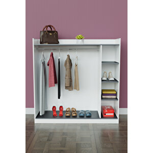 4 Rafli Mini Gardırop Askılıklı Vestiyer Çok Amaçlı Kapaksız Elbise Dolabı Beyaz-antrasit Beyaz