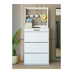 Ayakkabılık Düşer Kapak Kayar Raflı Çekmeceli Beyaz Modern Ayakkabılık Portmanto Beyaz