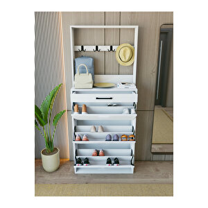 Ayakkabılık Düşer Kapak Kayar Raflı Çekmeceli Beyaz Modern Ayakkabılık Portmanto Beyaz