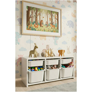 Oyuncak Dolabı 6 Sepetli Büyük Pratik Çok Amaçlı Dolap Raflı Kapaklı Düzenleyici Dolap Beyaz