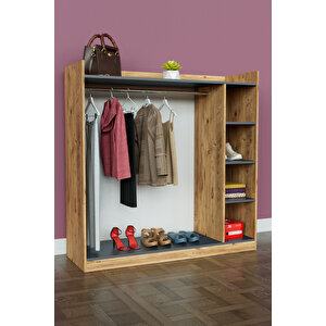 4 Rafli Mini Gardırop Askılıklı Vestiyer Çok Amaçlı Kapaksız Elbise Dolabı Ahşap-ant Ahşap