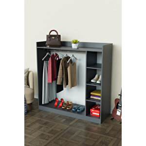 4 Rafli Mini Gardırop Askılıklı Vestiyer Çok Amaçlı Kapaksız Elbise Dolabı Antrasit Antrasit